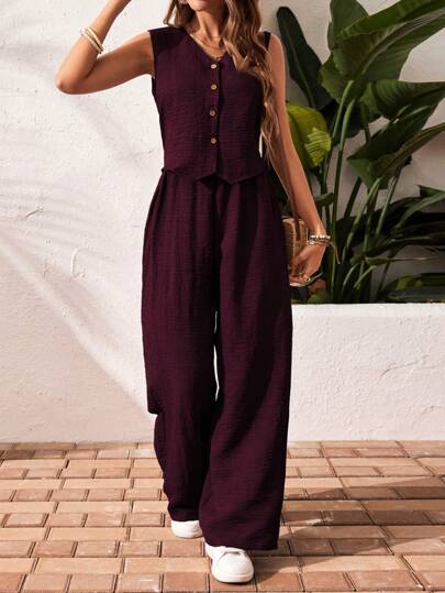 SHEIN Frenchy 1 Set Solid V-Neck Front Button Sleeveless Top And Long Pants Casual 2 Pieces Outfit Christmas Summer
