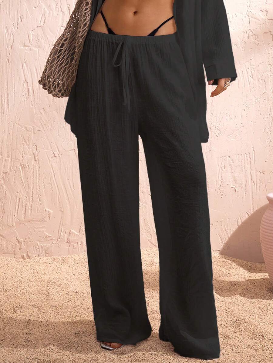 Swim Chiccia Women Summer Chiffon Solid Color Drawstring Waist Wide Leg Cover-Up Pants, Beach - Black - View 1