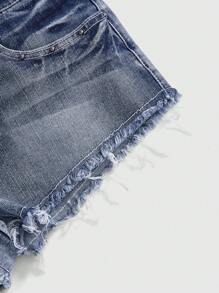 ROMWE J-Fashion 复古朋克风格低腰超短拉链铆钉口袋刺绣女式牛仔短裤 - 淺藍色 - 查看 4