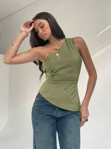 Aloruh 无袖斜领侧褶通勤时尚女式衬衫