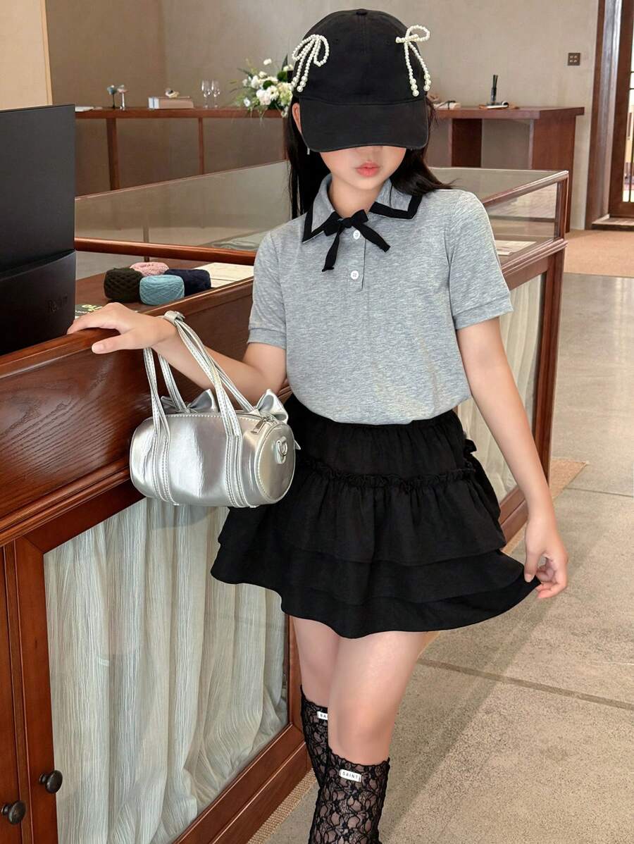 DAZY 2pcs Tween Girls Collared Short Sleeve Knit T-Shirt + Skirt Outfit, Fall Collection - Multicolor - View 1