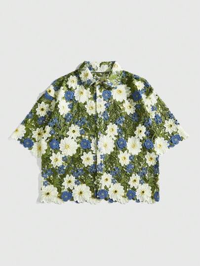 Street Life Men's Floral Print Oversized Drop Shoulder Hollow-Out Knitted Casual Shirt, Vacation Shirt