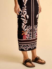 CAJUNI Vacation Casual Tropical Print Black Halter Tie Waist Maxi Bodycon Dress For Women - Black - View 5