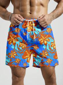 Manfinity Swimmode Men's Floral Print Pocket Drawstring Waist Beach Shorts, Suitable For Summer, Hawaiian - Multicolor - View 3