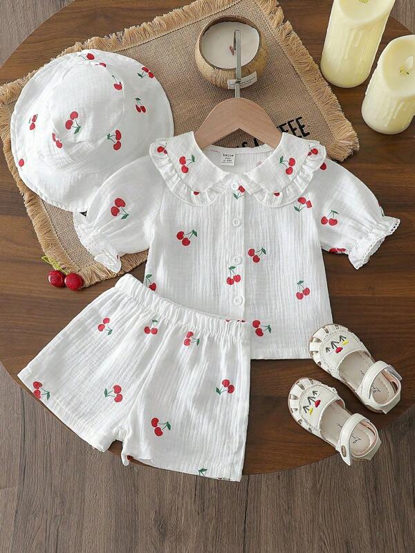 SHEIN 3 Stücke/Set Sommer Neu Süßes Kirschen Muster Baby Mädchen Outfit: Kurzarmhemd mit Kragen + Shorts + Hut, Leichtgewichtig
