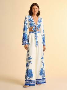 CAJUNI Women's Casual Retro Printed Blue And Beige Loose Wide-Leg Pants For Vacation - Multicolor - View 3