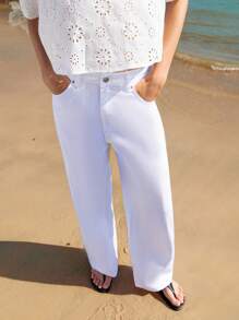 Lumivelle 女士休闲中腰直筒牛仔裤，带口袋，百搭 - 白色 - 查看 5