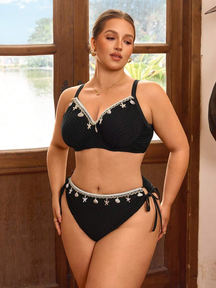 Swim Chiccia 2pcs Plus Size Women High Waist Textured Shell Decor Bikini Set, Fashionable Casual Swimsuit For Summer Beach Vacation - Black - View 1
