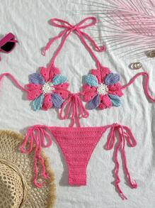 Swim Mod Chaleco cubreplaya de ganchillo sexy con decoración floral y calado abierto para mujeres - Multicolor - Ver 1