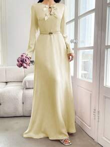 Modelyn 优雅正面金属装饰扣蝴蝶结腰带修身连衣裙女装秋季女装 - Butter Yellow - 查看 6