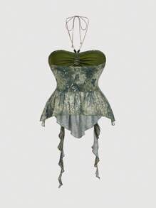 SHEIN MOD 大码女式复古扎染佩斯利印花衬衫，适合暑假、音乐节、派对 - 軍綠色 - 查看 2