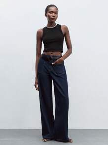 Maija 女式蓝色牛仔裤法式优雅牛仔裤复古双口袋直筒修身长裤老式风格办公室服装 - 深色水洗藍 - 查看 2