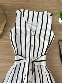 女式休闲条纹V领纽扣前开襟连衣裙，夏季 - 白色 - 查看 3