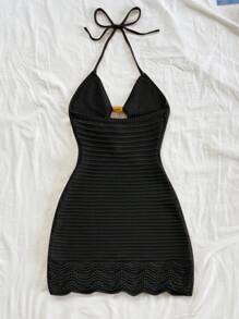 Soleia 春夏假期性感镂空木珠装饰吊带针织连衣裙，适合派对、约会、海滩、游轮、假日、度假、音乐节、波西米亚风格 - 黑色 - 查看 2