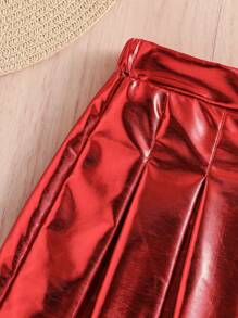 Elladie kids Young Girl Solid Color Metallic Pleated Mini Skirt Fall Winter - Red - View 3