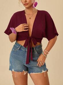 Travachic Plus Size Women's Summer Sexy Casual Solid Color Batwing Sleeve Knotted Front Cropped Blouse - Burgundy - View 4