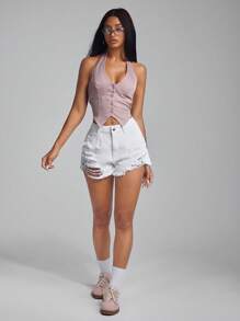 SHEIN ICON 女式中腰蝴蝶刺绣做旧流苏下摆牛仔短裤