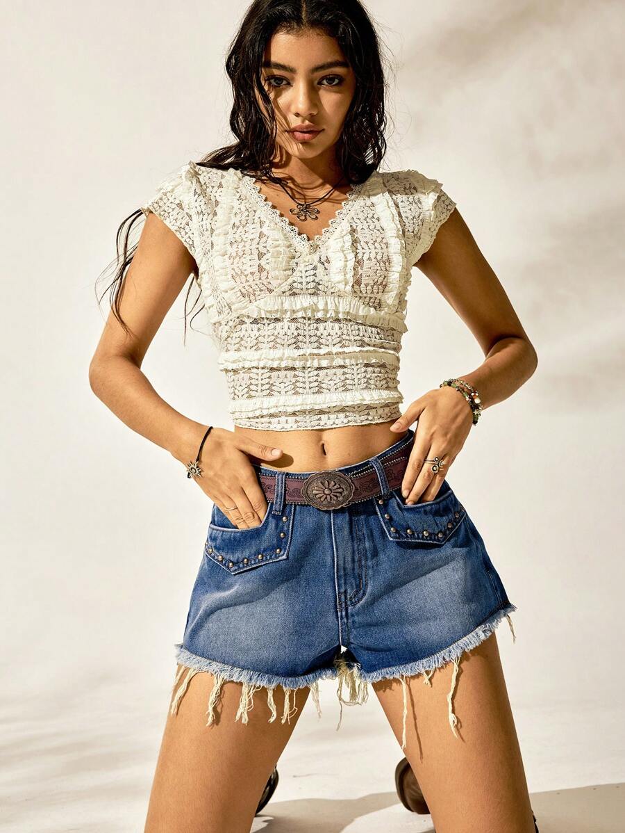 Easelle Women's Casual Versatile Denim Shorts With Pocket And Fringes - Blue - View 1