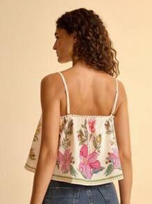 CAJUNI Bohemian Floral Print Vacation Casual Tie Strap Ruffle Trim Women Camisole
