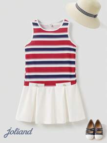 Joliand Joliand 1 pieza Vestido sin mangas a rayas rojo, blanco y azul, elegante y urbano clásico, para niñas preadolescentes, apto para salida, fiesta, playa, verano