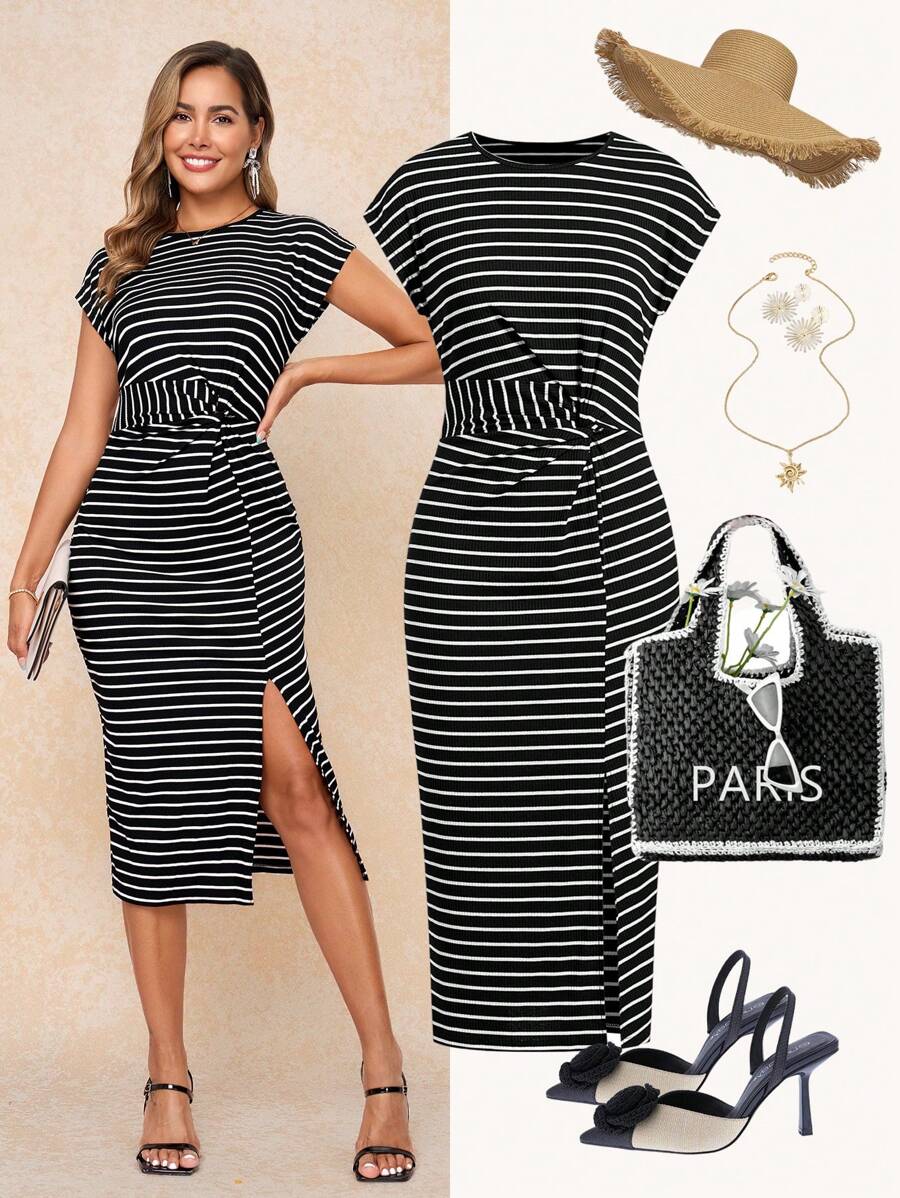 Ellevyn 腰部扭纹下摆开衩修身连衣裙，适合夏季休闲出游 - 黑與白 - 查看 1