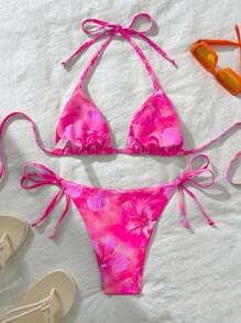 Swim Vcay Women's Sexy Random Print Halter Neck Tied Bikini Set, Summer - Hot Pink - View 2