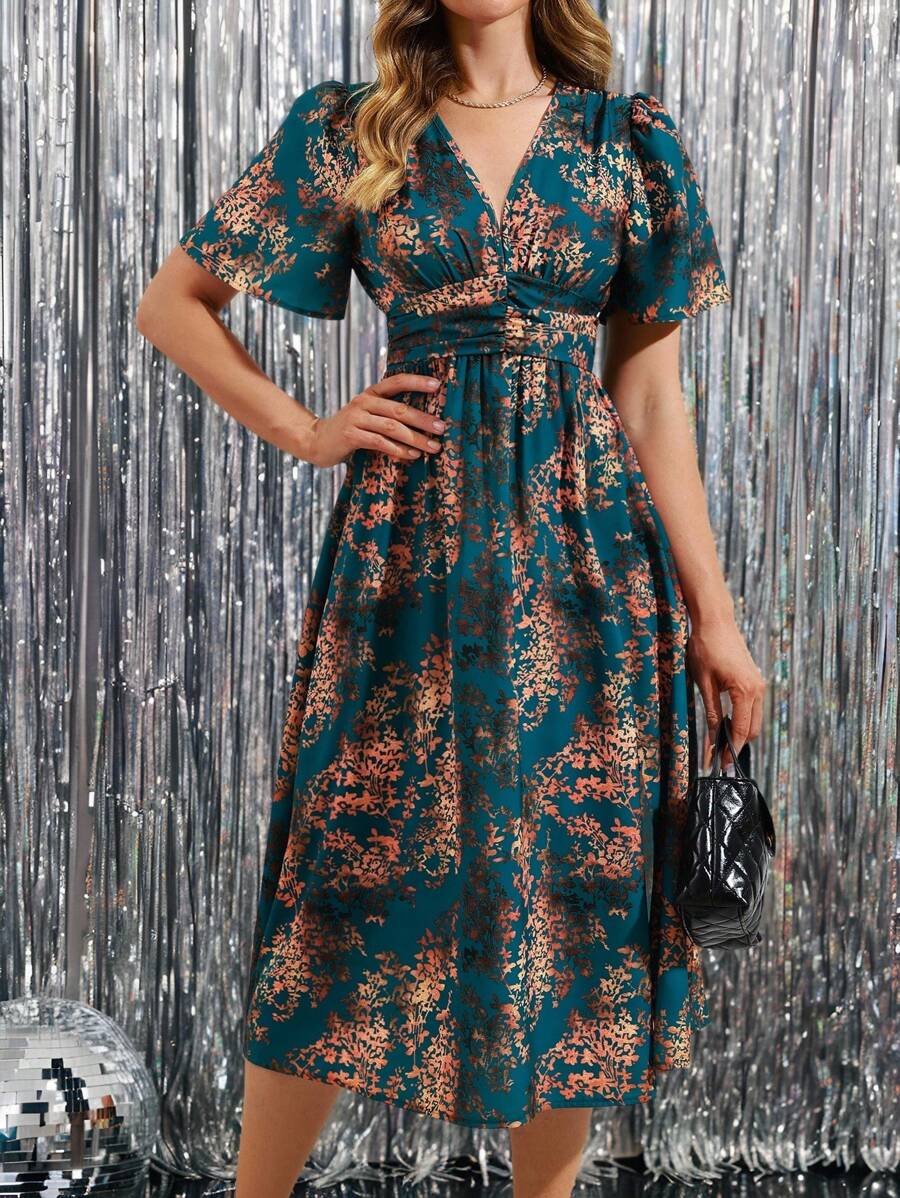 SHEIN Clasi 印花中長腰圍束腰連衣裙 - 墨綠色 - 查看 1