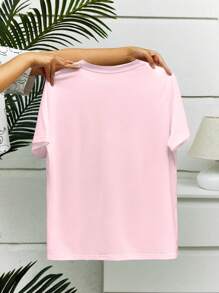 INAWLY Solva Women's Hip-Hop Style Letter & Dog Print Dropped Shoulder Sleeve T-Shirt - Baby Pink - View 2