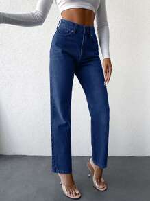 EURMUSE High Waist Straight Leg Jeans - Dark Wash - View 3