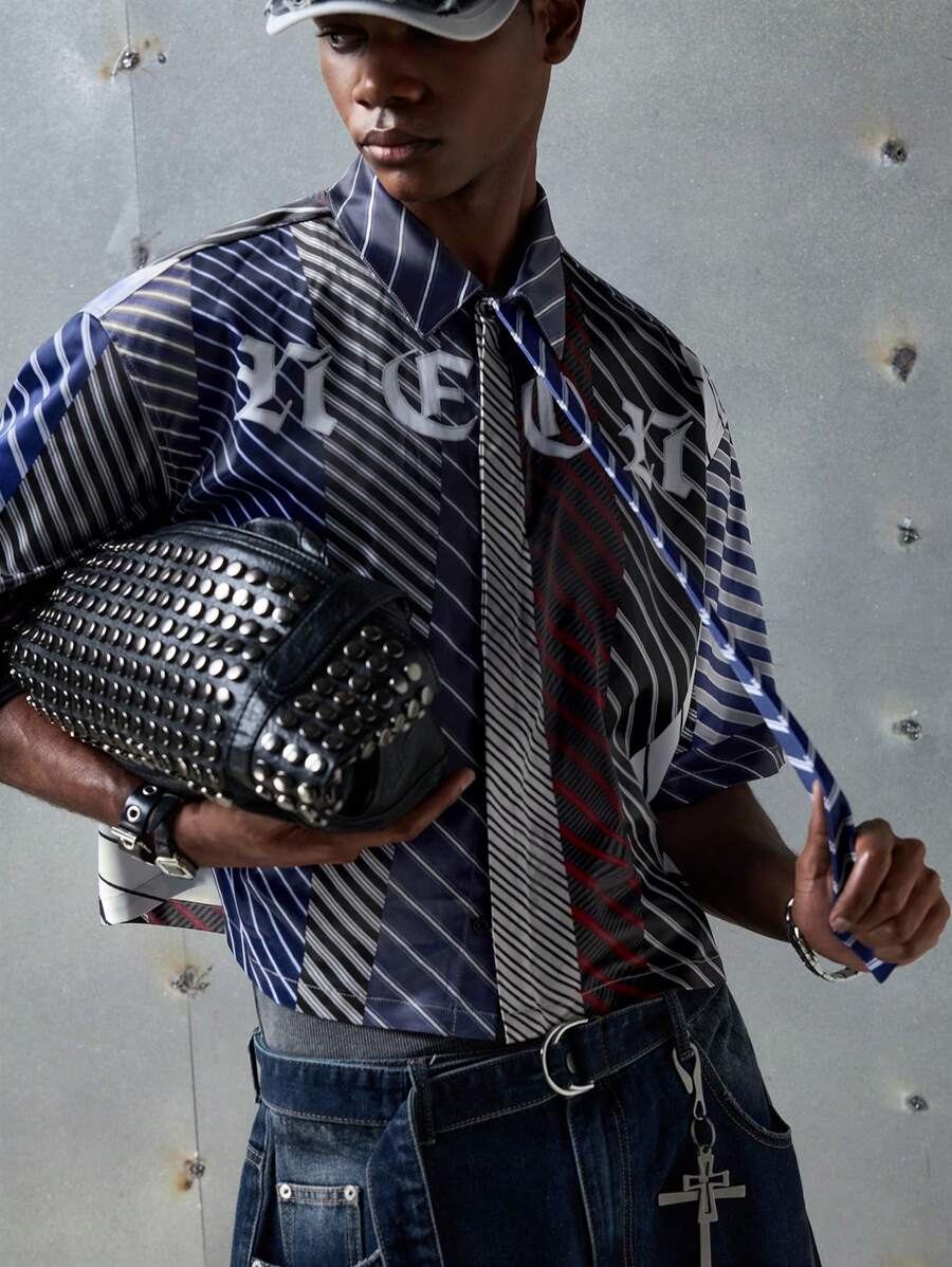 NEON BLANC Men's Street Style Woven Striped Tie And Letter Print Short Sleeve Shirt, Suitable For Summer