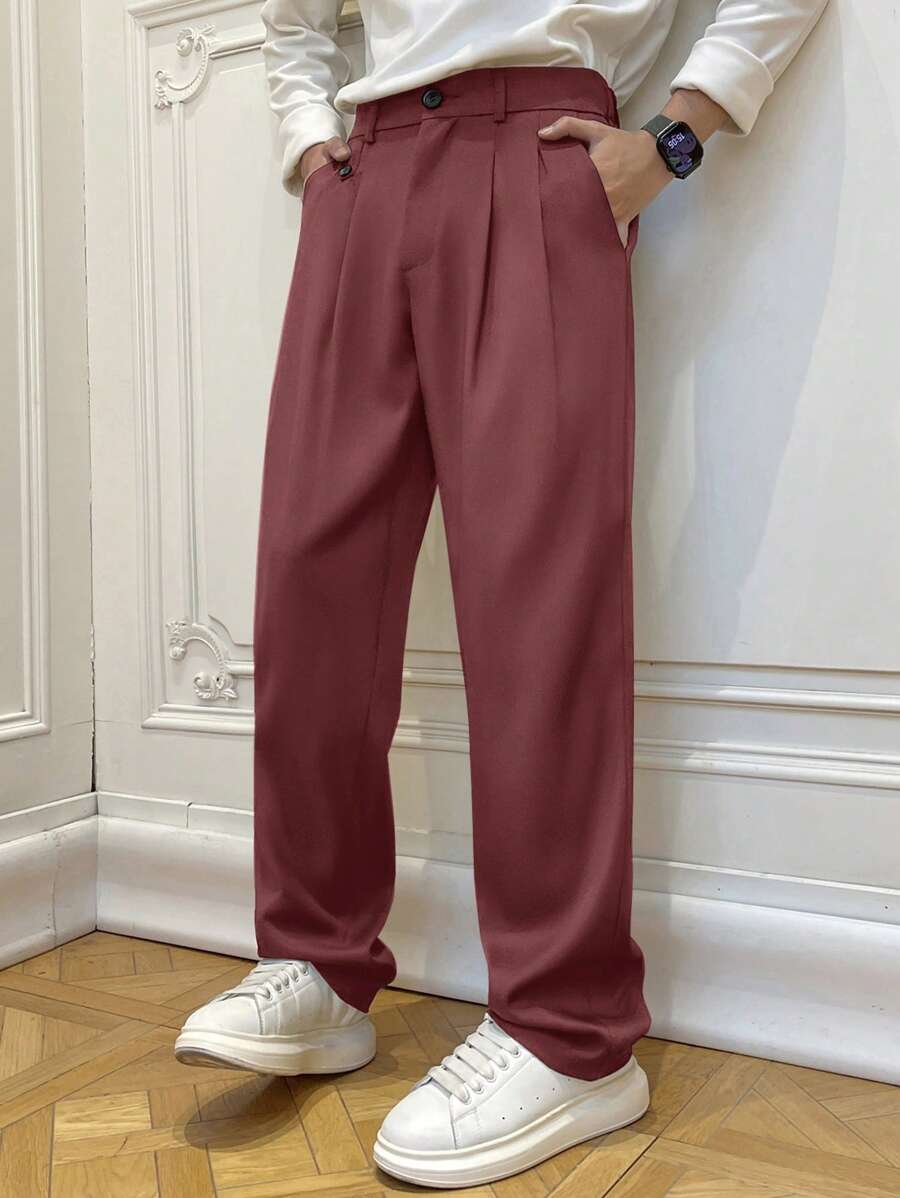 Manfinity Hypemode Men's Casual Solid Color Pants, Suitable For Summer - Burgundy - View 1