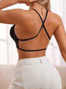 SHEIN 1pc Women Deep-V Neck Solid Color Spaghetti Strap Backless Casual Bra - Black - View 3