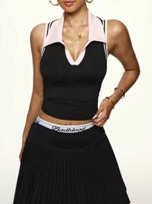 Easithlete Women's Spring/Summer Colorblock Stripe Ribbed Trim Polo Shirt - Black - View 4