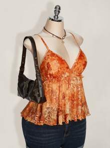 SHEIN ICON Áo ba lỗ in họa tiết cây cối cỡ lớn cho phụ nữ trong kỳ nghỉ, áo Rave - trái cam - Xem 4