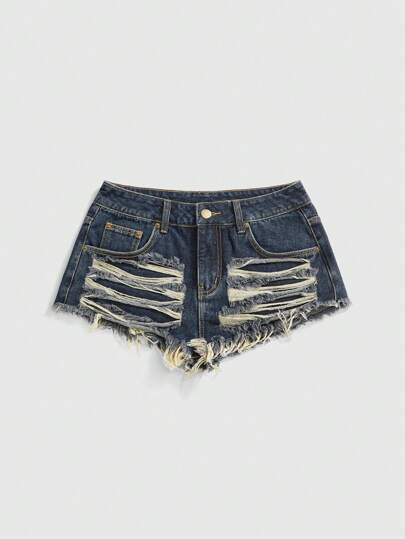 Grunge Punk Damen asymmetrische Cut-Out Jeans Mini-Shorts mit tiefer Taille für Konzerte