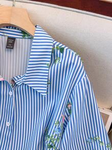 GlowEve CURVE 两件套：优雅通勤休闲可爱女士时尚条纹印花衬衫，纽扣领，七分袖，搭配松紧腰短裤，蓝白相间，大码，春夏秋三季 - 藍白色 - 查看 6