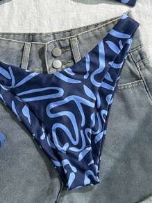 Swim Vcay Women Fashion Blue Floral Print Separate Swimsuit Set, Sexy Bikini Beachwear Suitable For Going Out For Summer Beach Vacation