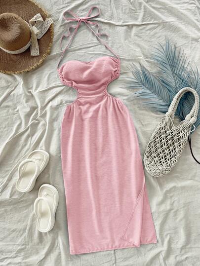 Soleia 女士度假垂坠领镂空高开叉露背系腰中长连衣裙，蓝色，适合度假、音乐节、波西米亚风、节日和下午茶