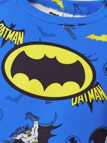 BATMAN X SHEIN 男婴时尚卡通蝙蝠图案针织圆领长袖上衣和裤子睡衣套装 - 藍色 - 查看 3