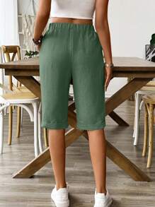 SHEIN PETITE Short en lin à taille élastique pour l'été, 5 pouces - Militaire verte - Voir 2