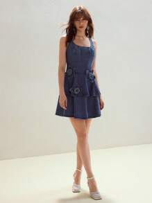 MOTF STUDIO 立体花卉水洗牛仔连衣裙 - 中等水洗藍 - 查看 7