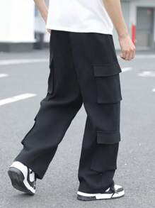 PantsHub 1 件青少年男孩休闲运动学院艺术复古黑色工作服直筒裤，配有大型立体工作口袋，适合返校生日派对、晚会、表演、婚礼、洗礼、开幕式、日常穿着，适合日常使用，适合上学，适合度假和旅行，适合运动，适合春夏季节