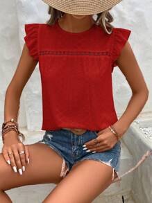 SHEIN Frenchy Eyelet Embroidery Ruffle Trim Round Neck Lace Trimmed Tee Christmas Summer New Year Red - Red - View 4