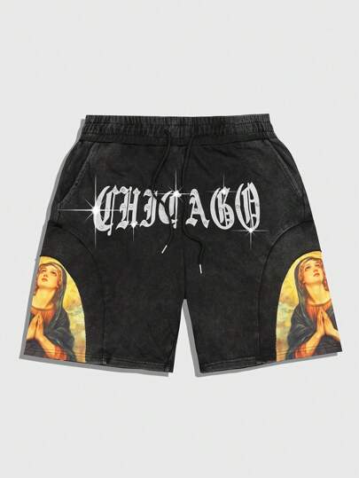 Street Life Men's Goth Sport Casual Everyday Print Drawstring Pocket Shorts, Halloween