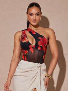 Silquee 粉色连体衣，暖红色花卉印花，虎百合印花连体衣，印花网纱连体衣，不对称连体衣，约会，日常通勤束身衣，可爱束身衣，性感连体衣，俱乐部连体衣，束身连体衣，夏季连体衣，女士夏季服装，上身束身连体衣，度假连体衣，网纱泳衣，花卉泳衣，单肩泳衣，全包臀泳衣 - 彩色 - 查看 5