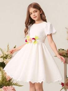 Girls Elegant Hollow Out 3D Floral Short Sleeve Dress, Princess Style Suitable For Flower Girl, Wedding, Holiday Party, All Season - White - View 3