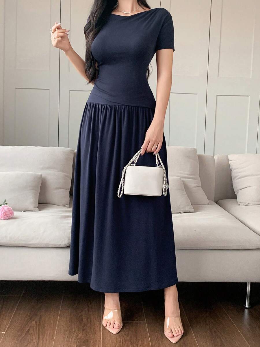 DAZY مجموعة من 2 قطعة للنساء، توب بدون أكمام ضيق ذو لون سادة وبنطال ساق واسعة، ملابس للربيع/الصيف، عودة إلى المدرسة - أزرق بحري - مشاهدة 1