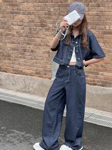 Dazy Kids Teenagers Girls Loose Denim Short Sleeve Jacket And Straight Jeans Outfit, Fall Clothing