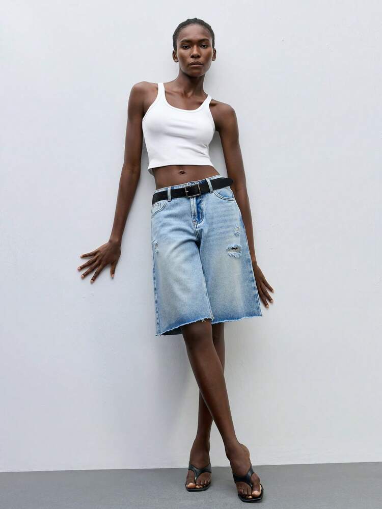 SHEIN Maija Women's Blue Jeans Low Waist Bermuda Shorts Wide Leg Pants Suitable For Summer Holiday Casual Wear, Going Out