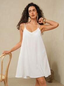 Swim Chiccia Women Elegant Hollow-Out Lace Back Slim Dress For Summer Beach Vacation - White - View 6